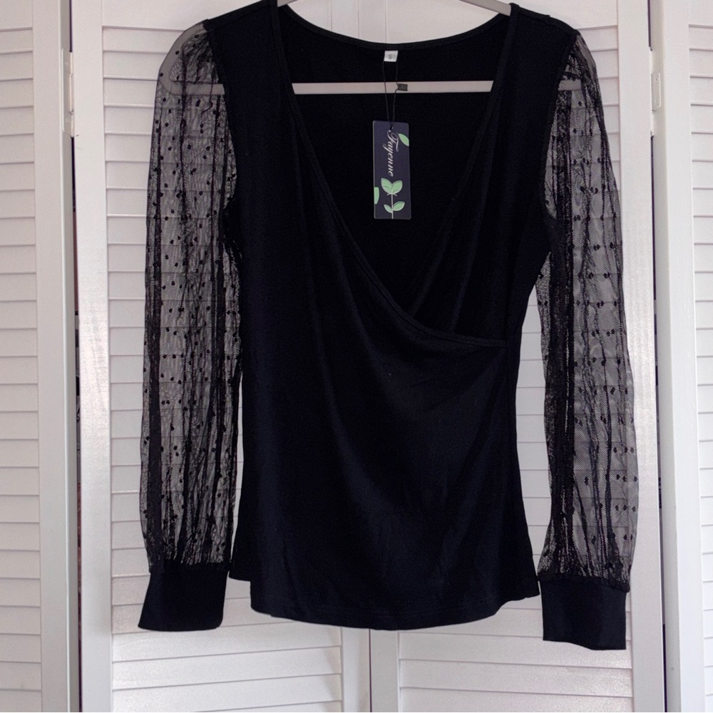 Black Lace Sleeve Wrap Top Sheer Mesh Long Sleeve Blouse size small